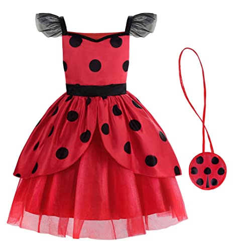 ReliParty Ladybug Dress for Girls with Mask and Bag Costume for Kids Dress Up Costume Birthday Halloween Christmas,10-12/150