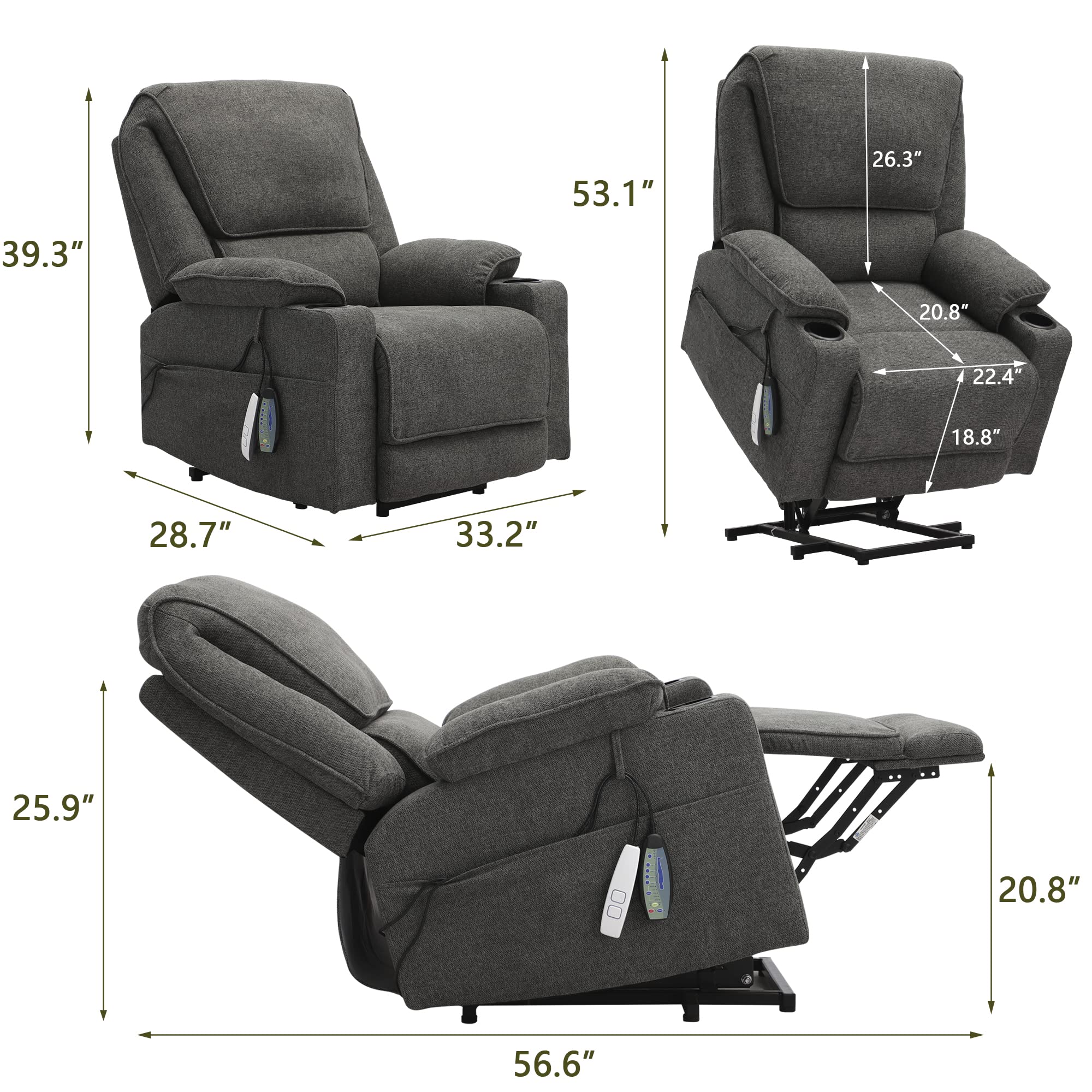 LOUVIXA Recliners Lift Chairs for Elderly, Lazy Boy Recliner Chair with Massager and Heat, Electric Power Lift Chair, USB Port, 2 Side Pockets