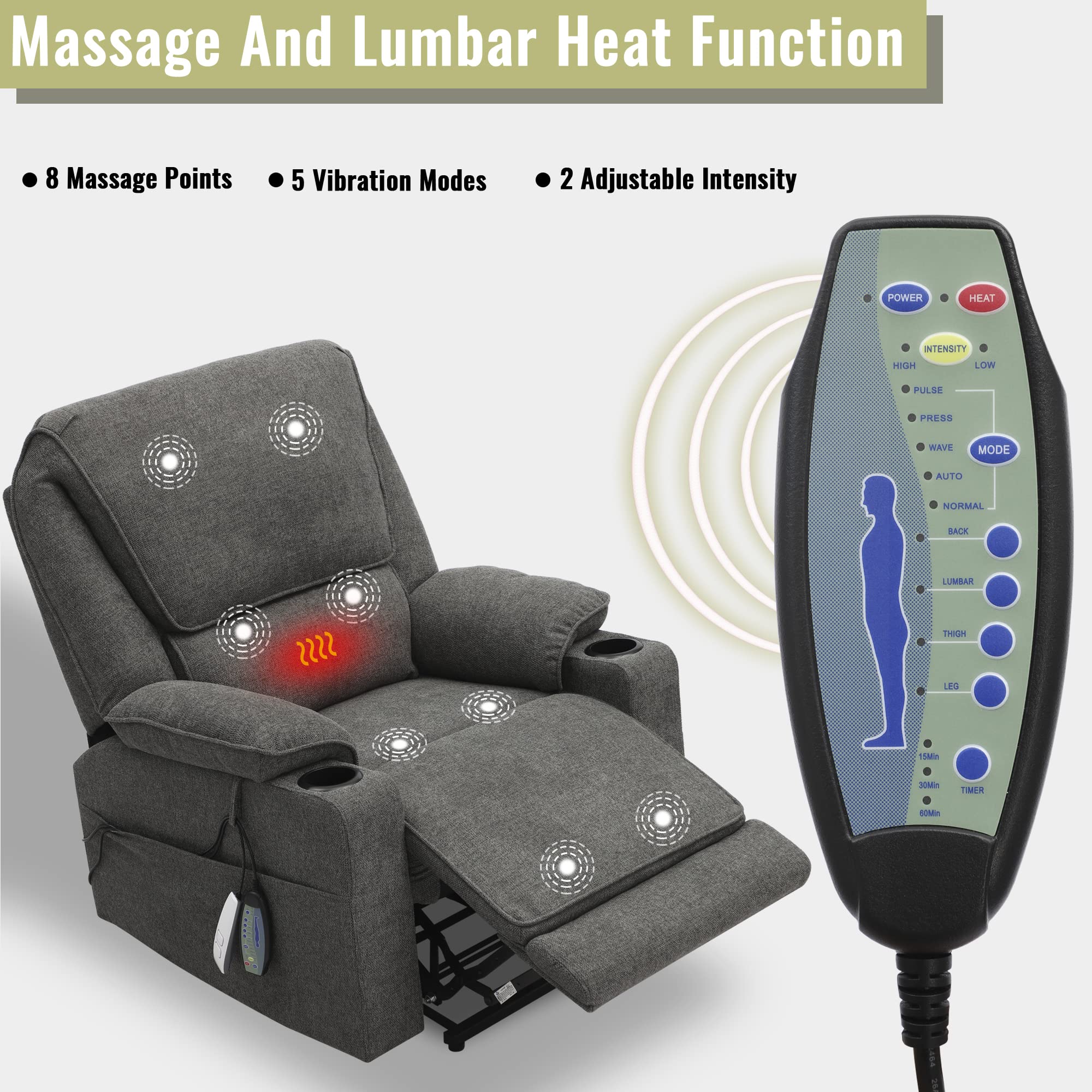 LOUVIXA Recliners Lift Chairs for Elderly, Lazy Boy Recliner Chair with Massager and Heat, Electric Power Lift Chair, USB Port, 2 Side Pockets