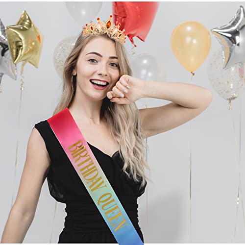 Birthday Queen Sash and Tiara for Women Crystal Tiara and Satin Kit for Girl Rhinestones Crown with Comb Glitter Hair Accessories for Prom Party Decoration Cake Topper Accessory Set with Pins