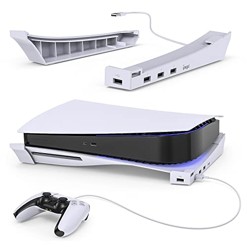 Horizontal Stand for PS5 Console with 4-Port USB Hub,MENEEA Upgraded Base Skate Holder Accessories for Playstation 5 Disc & Digital Edition,3 Charging Port Extension &1 USB 2.0 Data Port