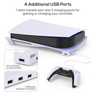 Horizontal Stand for PS5 Console with 4-Port USB Hub,MENEEA Upgraded Base Skate Holder Accessories for Playstation 5 Disc & Digital Edition,3 Charging Port Extension &1 USB 2.0 Data Port