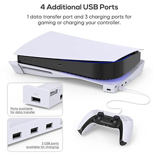 Horizontal Stand for PS5 Console with 4-Port USB Hub,MENEEA Upgraded Base Skate Holder Accessories for Playstation 5 Disc & Digital Edition,3 Charging Port Extension &1 USB 2.0 Data Port