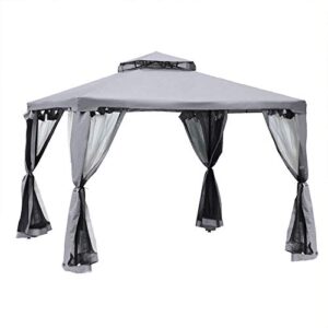 outsunny 10' x 10' patio gazebo outdoor canopy shelter with 2-tier roof and netting, steel frame for garden, lawn, backyard and deck, grey
