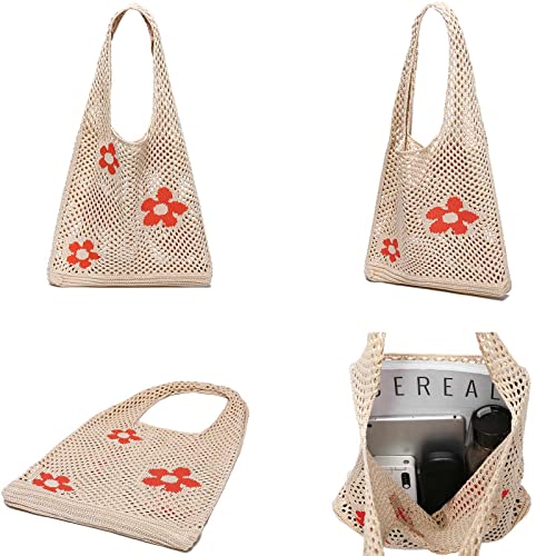 CATMICOO Crochet Mesh Beach Tote Bag Summer Aesthetic Knit Bag for Women