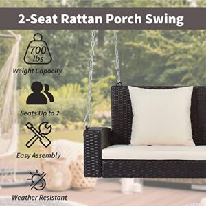 P PURLOVE 2-Seater Wicker Hanging Porch Swing Bench with Hanging Chains, Cushion, Pillow, Rattan Swing Bench for Garden, Backyard, Pond