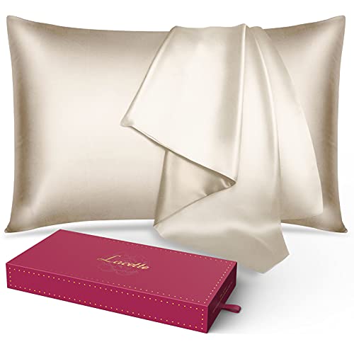 Lacette Silk Pillowcase for Hair and Skin, 22 Momme 6A Soft Silk Pillow Case with Hidden Zipper, Gift Box, 600 Thread Count, Double Side Silk/Wood Pulp Fiber, 1PC (Champagne, Queen Size 20"x30")…