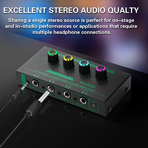 Riworal 4 Channels Headphone Amplifier with 1/4" and 1/8" TRS Jack Input for Dj Mixer Headphone Mixer Amps Headphone Splitter with Separate Volume Control Output for Speaker Or Monitor Headphone