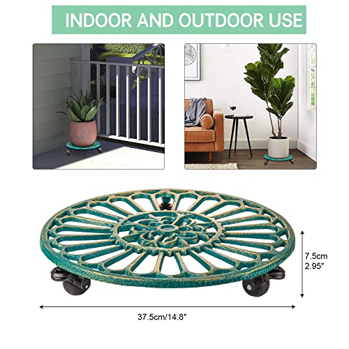 Sungmor Cast Iron Plant Caddy with Wheels, 2PC 14.8" Large & Heavy-duty Rolling Plant Stands, Pretty Garden Pots Tall Planter Dolly, Round Flower Pot Mover Metal Plant Pallet Trolley Tray with Casters