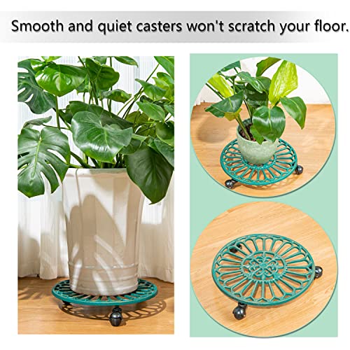 Sungmor Cast Iron Plant Caddy with Wheels, 2PC 14.8" Large & Heavy-duty Rolling Plant Stands, Pretty Garden Pots Tall Planter Dolly, Round Flower Pot Mover Metal Plant Pallet Trolley Tray with Casters