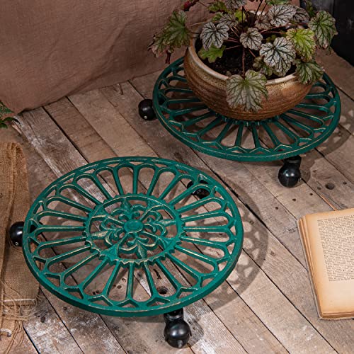 Sungmor Cast Iron Plant Caddy with Wheels, 2PC 14.8" Large & Heavy-duty Rolling Plant Stands, Pretty Garden Pots Tall Planter Dolly, Round Flower Pot Mover Metal Plant Pallet Trolley Tray with Casters