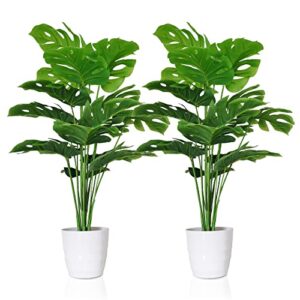 sajandas set of 2 artificial monstera deliciosa plants in pots, fake tropical palm tree with greenery leaves stems, 28 inch artificial cheese plant for home bathroom, office, windowsill decor