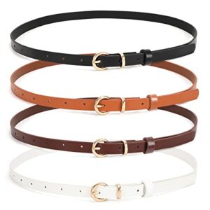 whippy set of 4 women skinny belts thin leather waist belt with alloy pin buckle for pants jeans dresses, black/brown/coffee/white,fits waist 27"-31"