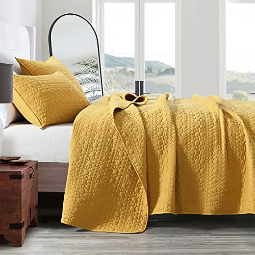 Quilt Set Queen Size Yellow, Classic Geometric Spots Stitched Pattern, Pre-Washed Microfiber Coverlet Ultra Soft Lightweight Quilted Bedspread for All Season, 3 Pieces