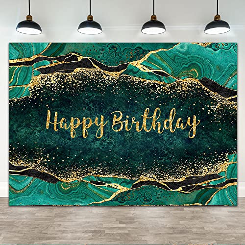 Ticuenicoa 7×5ft Emerald Green Backdrop Fluid Happy Birthday Photography Background for Men WomenMarble and Gold Glitter 30th 40th 50th 60th 70th Party Banner Decorations Photo Studio Props