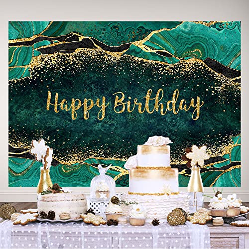Ticuenicoa 7×5ft Emerald Green Backdrop Fluid Happy Birthday Photography Background for Men WomenMarble and Gold Glitter 30th 40th 50th 60th 70th Party Banner Decorations Photo Studio Props