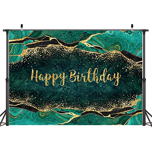 Ticuenicoa 7×5ft Emerald Green Backdrop Fluid Happy Birthday Photography Background for Men WomenMarble and Gold Glitter 30th 40th 50th 60th 70th Party Banner Decorations Photo Studio Props