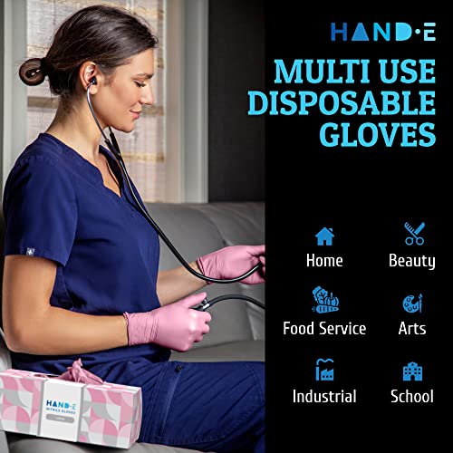 Hand-E Touch Pink Nitrile Disposable Gloves Medium, 100 Count - Esthetician, Nail Tech, Microblading, Hair Dye & Stylist, Salon, Cleaning Gloves - Latex Free Gloves