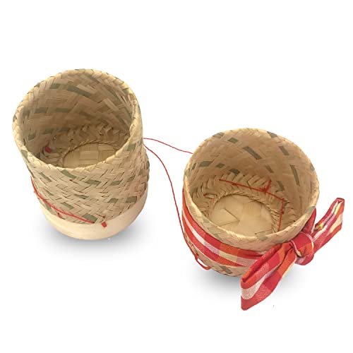 GoldleafKing Pack of 2 Small Sticky Rice Basket Size 3.5 Inches Thailand Laos Handmade Bamboo Serving Baskets Rice Container Set with Pa Kao Ma Traditional Loincloth