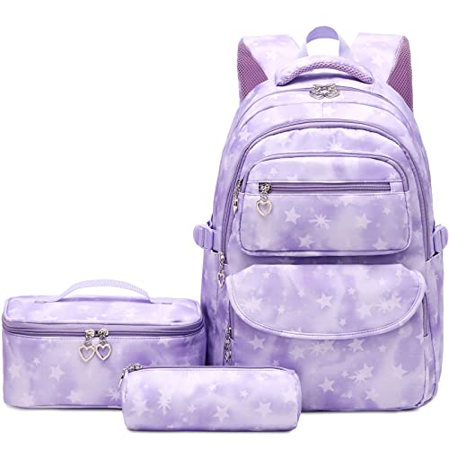 Robhomily Girls Backpack with Lunch Box for Elementary School & Middle School,17 Inch Purple Lightweight School Backpack with Lunch Bags Set for Girls