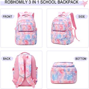 Robhomily Girls Backpack with Lunch Box for Elementary School & Middle School,17 Inch Purple Lightweight School Backpack with Lunch Bags Set for Girls