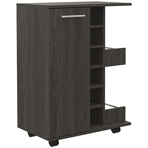 FM FURNITURE Tennessee 32-inch Tall Bar Cart with 1 Cabinet, 6 Cubbies, and 2 Shelves, Carbon Espresso