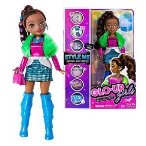 far out toys glo-up girls season 2 kenzie african american girl fashion doll, dazzling jewelry, hair gems, accessories, fashions, face stickers, makeup, nails