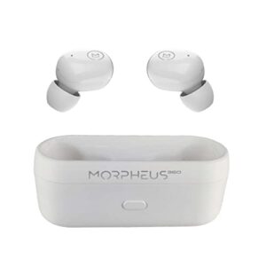 morpheus 360 spire true wireless earbuds, wireless microphone, bluetooth 5.2 wireless ear buds, one touch media control, waterproof earbuds, with recharging earbud case - white