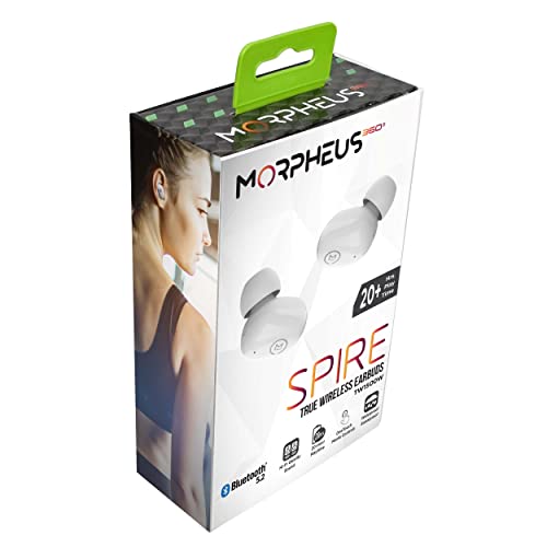 Morpheus 360 Spire True Wireless Earbuds, Wireless Microphone, Bluetooth 5.2 Wireless Ear Buds, One Touch Media Control, Waterproof Earbuds, with Recharging Earbud Case - White