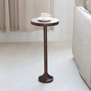 cozayh small pedestal end table, metal base side table, drinking table with scratching distressed finish, light espresso, brown desktop (by-tb0009)