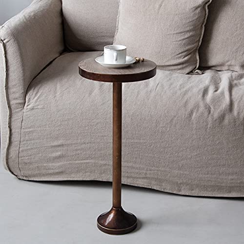 COZAYH Small Pedestal End Table, Metal Base Side Table, Drinking Table with Scratching Distressed Finish, Light Espresso, Brown Desktop (BY-TB0009)