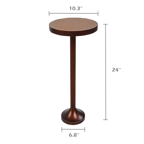 COZAYH Small Pedestal End Table, Metal Base Side Table, Drinking Table with Scratching Distressed Finish, Light Espresso, Brown Desktop (BY-TB0009)