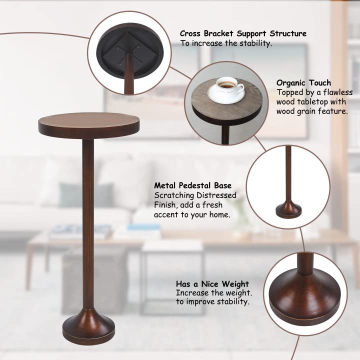 COZAYH Small Pedestal End Table, Metal Base Side Table, Drinking Table with Scratching Distressed Finish, Light Espresso, Brown Desktop (BY-TB0009)