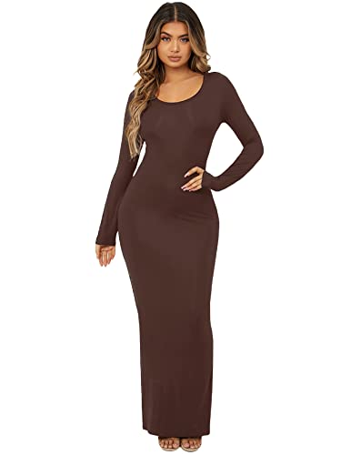 Floerns Women's Solid Long Sleeve Scoop Neck Bodycon Pencil Maxi Dress Coffee Brown S