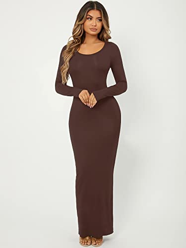 Floerns Women's Solid Long Sleeve Scoop Neck Bodycon Pencil Maxi Dress Coffee Brown S