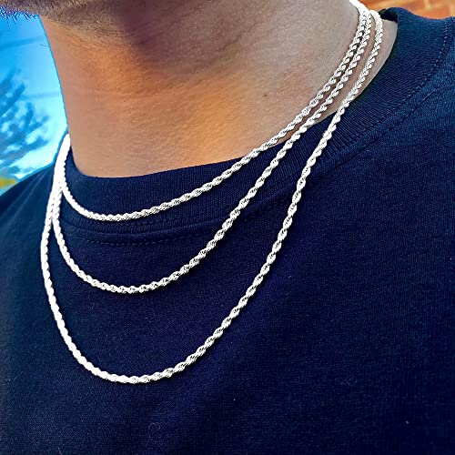 Sterling Silver Clasp Chain for Mens Necklace 20 Inches Silver Chain for Men Rope Chain Necklace 2.5mm Diamond Cut Silver Mens Chain Necklace 925 Sterling Silver Chain for Mens Rope Chain Necklace