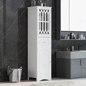 merax freestanding linen tower bathroom storage cabinet with adjustable shelf, drawer and 2 doors, tall slim, 16.5" l x 14.2''w x 63.8''h, white