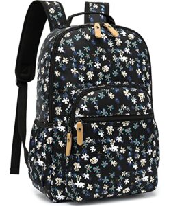 leaper water-resistant floral laptop backpack travel bag bookbags satchel (black-white flower)