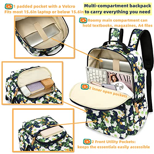 Leaper Water-resistant Floral Laptop Backpack Travel Bag Bookbags Satchel (Black-White Flower)