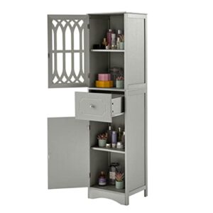 Merax Freestanding Linen Tower Bathroom Storage Cabinet with Adjustable Shelf, Drawer and 2 Doors, Tall Slim, 16.5" L x 14.2''W x 63.8''H, Grey