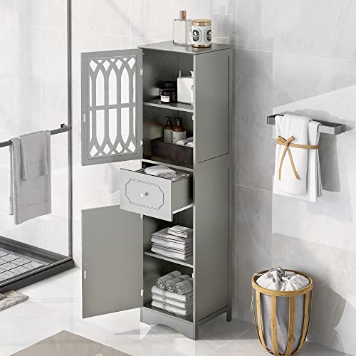 Merax Freestanding Linen Tower Bathroom Storage Cabinet with Adjustable Shelf, Drawer and 2 Doors, Tall Slim, 16.5" L x 14.2''W x 63.8''H, Grey