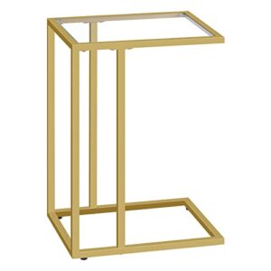 hoobro c shaped end table, tempered glass snack side table with metal frame, tv tray table for small space, sofa couch and bed, modern style, gold gd03sf01g1