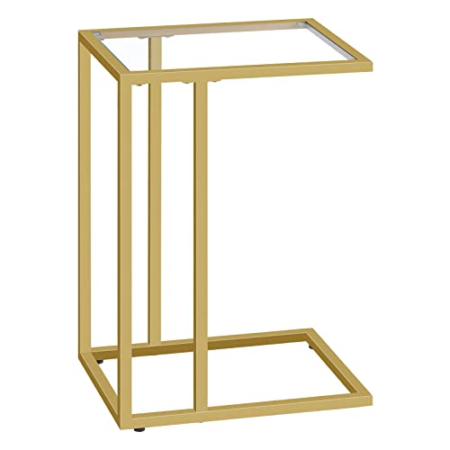 HOOBRO C Shaped End Table, Tempered Glass Snack Side Table with Metal Frame, TV Tray Table for Small Space, Sofa Couch and Bed, Modern Style, Gold GD03SF01G1