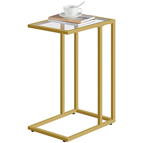 HOOBRO C Shaped End Table, Tempered Glass Snack Side Table with Metal Frame, TV Tray Table for Small Space, Sofa Couch and Bed, Modern Style, Gold GD03SF01G1