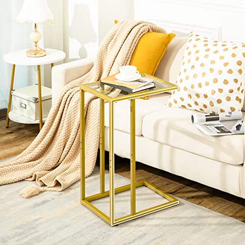 HOOBRO C Shaped End Table, Tempered Glass Snack Side Table with Metal Frame, TV Tray Table for Small Space, Sofa Couch and Bed, Modern Style, Gold GD03SF01G1