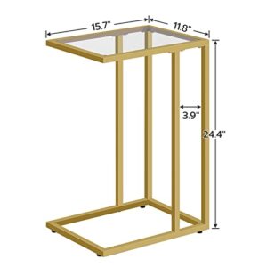 HOOBRO C Shaped End Table, Tempered Glass Snack Side Table with Metal Frame, TV Tray Table for Small Space, Sofa Couch and Bed, Modern Style, Gold GD03SF01G1