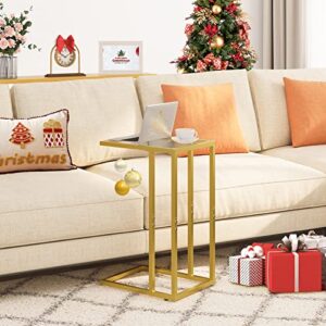 HOOBRO C Shaped End Table, Tempered Glass Snack Side Table with Metal Frame, TV Tray Table for Small Space, Sofa Couch and Bed, Modern Style, Gold GD03SF01G1