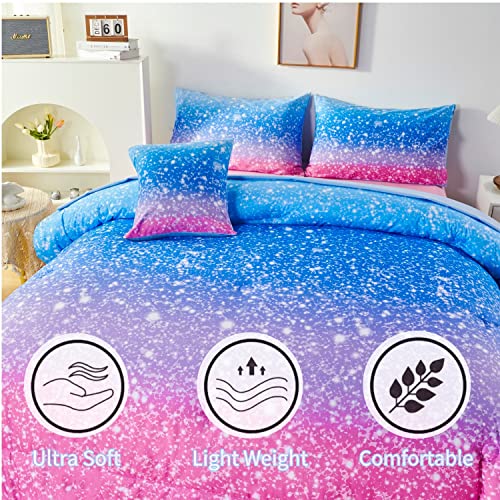 RYNGHIPY 6Pcs Sparkle Gradient Glitter Comforter Sets, Ombre Indigo Pink Gradient Bedding Set for Boys Girls, Rainbow Bed in A Bag Twin Size