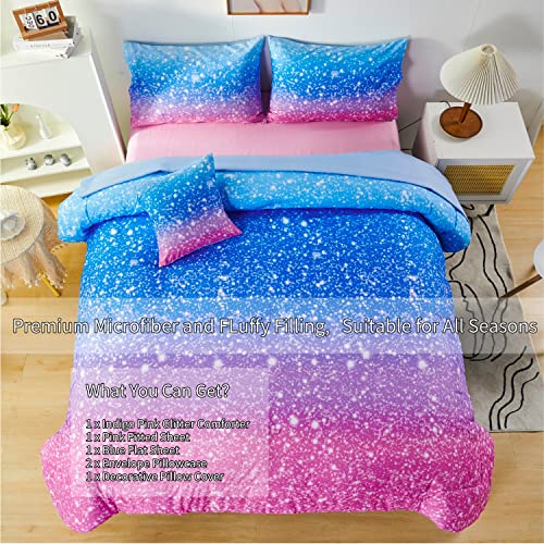 RYNGHIPY 6Pcs Sparkle Gradient Glitter Comforter Sets, Ombre Indigo Pink Gradient Bedding Set for Boys Girls, Rainbow Bed in A Bag Twin Size