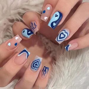 danmanr medium press on nails full cover fake nails acrylic stick on nails false nails for women and girls (blue heart french nails)